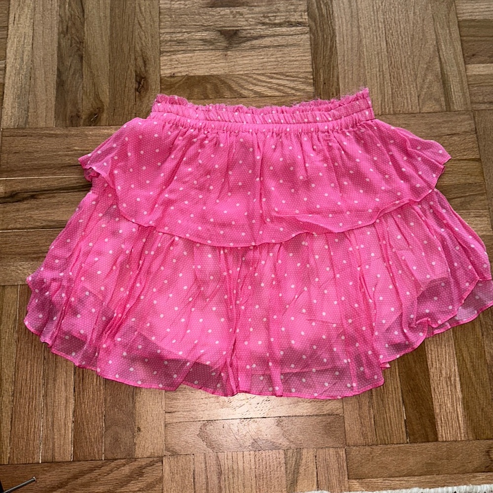 LoveShackFancy polka dot hot pink ruffle mini skirt